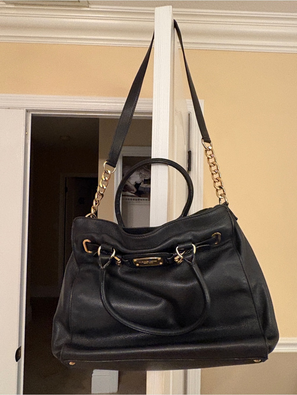 Michael Kors Hamilton Black Leather Tote with Gold Chain Accents